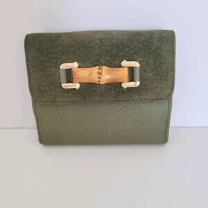GUCCI Bamboo Trifold Leather Flap Wallet Small Compact Unisex Green